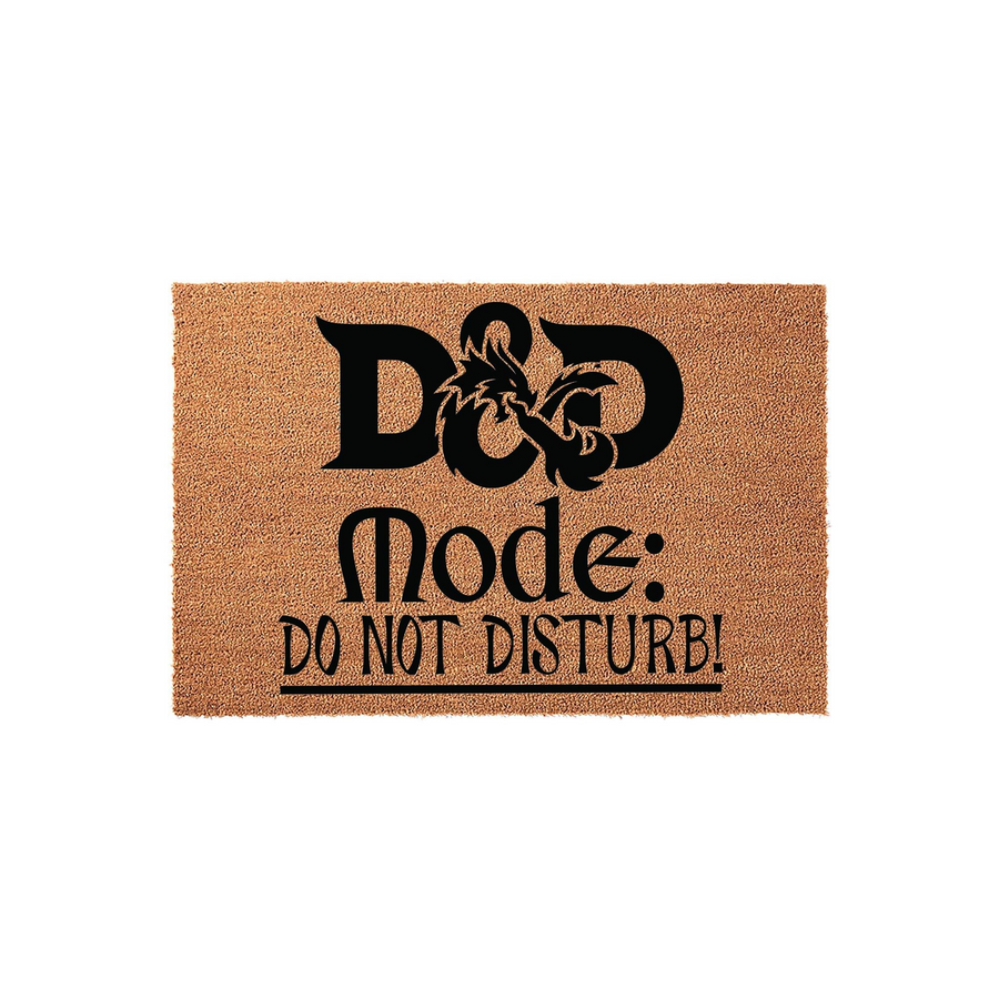 Dungeons and Dragons themed coir doormat featuring the text D&D Mode: DO NOT DISTURB! in bold black lettering on a natural tan fiber background, perfect for a gamer's home entrance or a fun housewarming gift for any tabletop