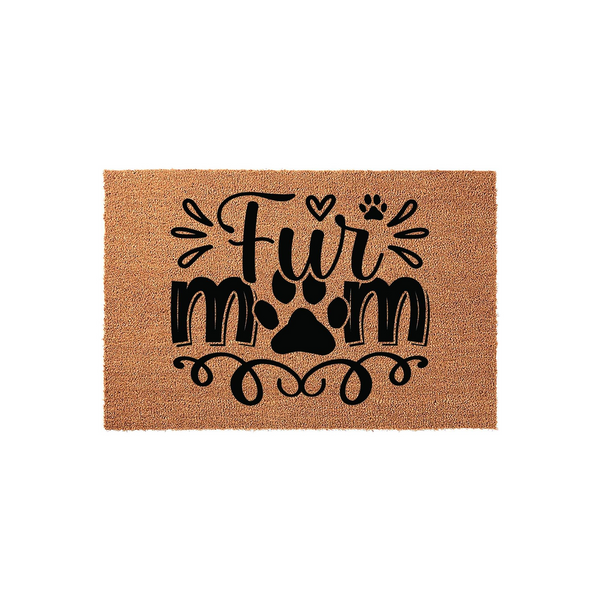 Fur Mom coir doormat featuring a natural brown fiber texture and bold black lettering with a central paw print design, creating a charming entryway accent for any pet owner who loves their dog or cat and wants to welcome guests