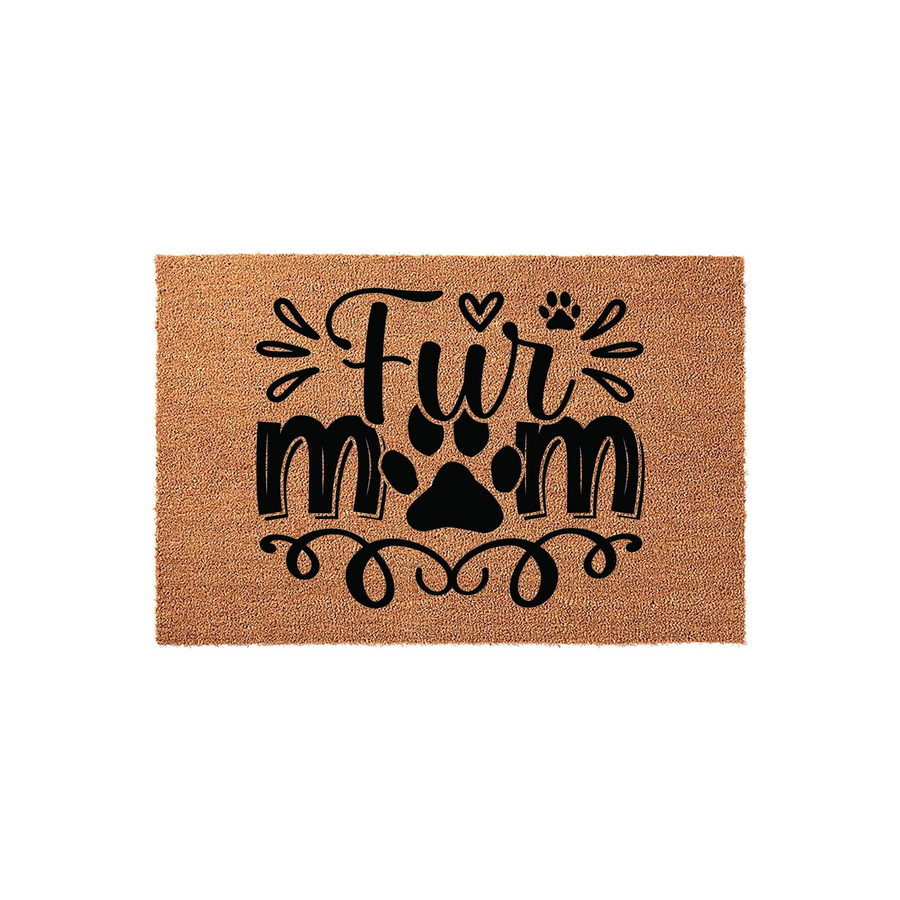 Fur Mom coir doormat featuring a natural brown fiber texture and bold black lettering with a central paw print design, creating a charming entryway accent for any pet owner who loves their dog or cat and wants to welcome guests