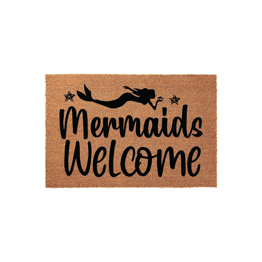 Mermaids Welcome coir doormat featuring a black silhouette of a mermaid swimming with starfish accents on a natural tan textured background, creating a fun coastal aesthetic for your front porch or entryway decor.