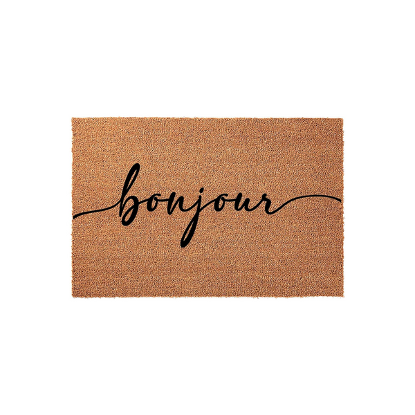 Bonjour coir doormat featuring a natural tan fiber texture and elegant black cursive script lettering centered on the mat, providing a welcoming and stylish entrance decor piece for your front porch or home entryway floor.