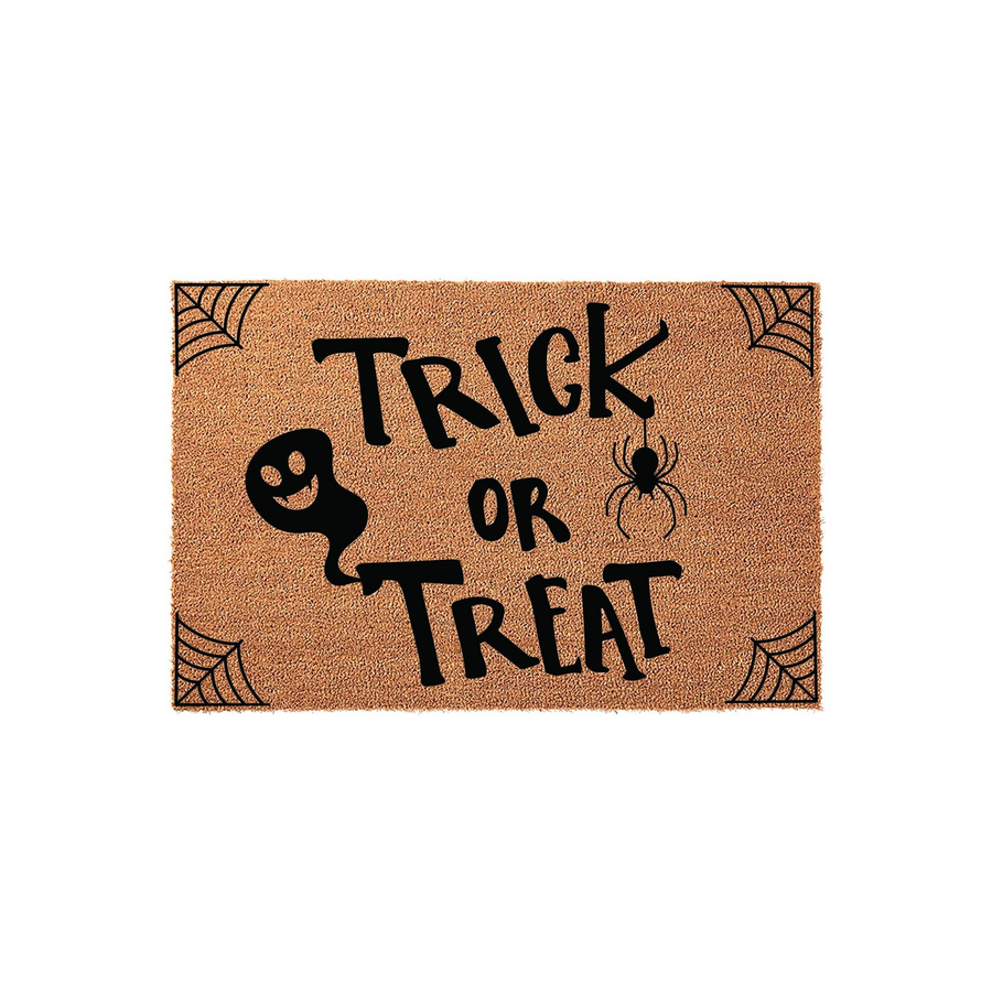 Trick or Treat Halloween doormat featuring a natural coir texture with black printed text, a cute ghost, a hanging spider, and spider web corner accents, making it a festive seasonal decoration for your front porch entryway this