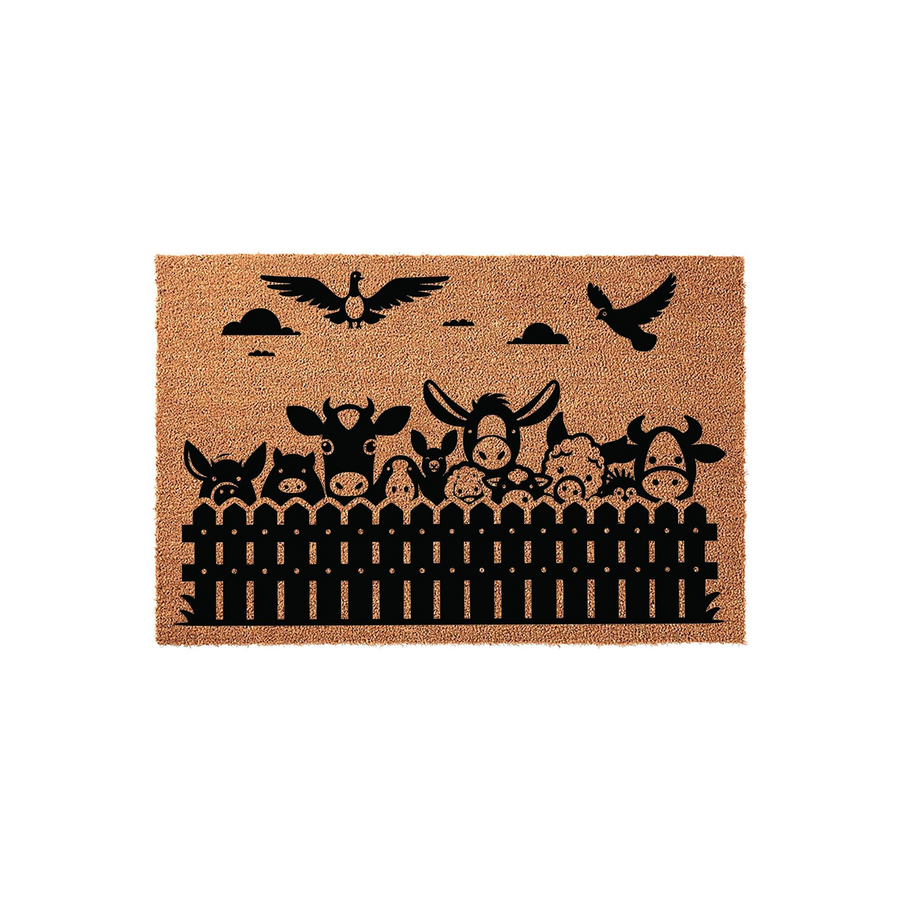 Farm Animal Coir Doormat featuring a black silhouette design of cows, pigs, and sheep peeking over a picket fence, with birds flying in the sky above on a natural tan textured background for a rustic farmhouse entryway decor