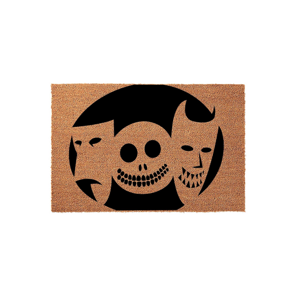 Nightmare Before Christmas coir doormat featuring a large black circular design with the iconic faces of Lock, Shock, and Barrel, creating a spooky and festive Halloween entryway decor piece for fans of the classic animated movie.