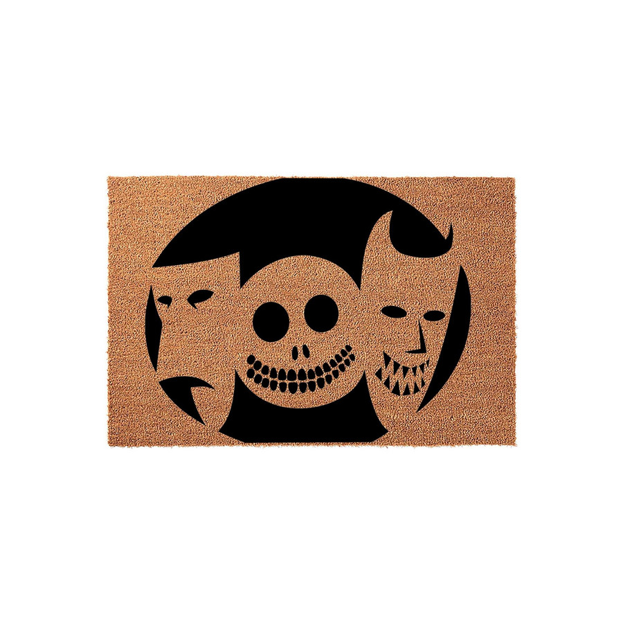 Nightmare Before Christmas coir doormat featuring a large black circular design with the iconic faces of Lock, Shock, and Barrel, creating a spooky and festive Halloween entryway decor piece for fans of the classic animated movie.