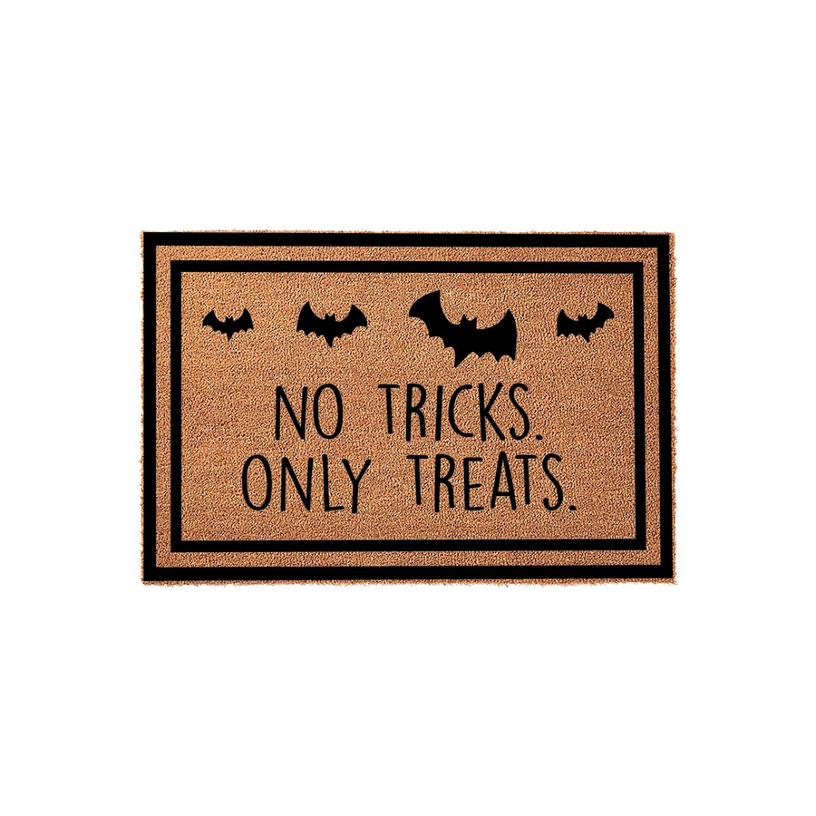 No Tricks Only Treats Halloween Doormat featuring a natural coir texture with a black border, four black bat silhouettes, and playful lettering that welcomes guests to your home during the spooky fall holiday season.