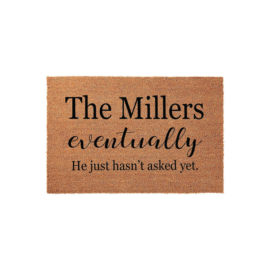 Personalized coir doormat featuring a humorous message about a family name and marriage, printed in black serif and script fonts on a natural brown textured fiber background, perfect for a funny front porch welcome mat entry.