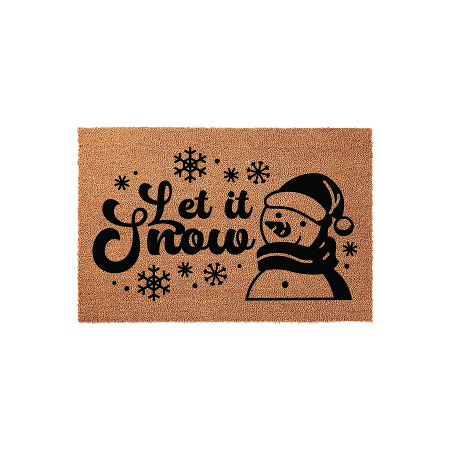 Let It Snow snowman coir doormat featuring a festive black graphic of a smiling snowman wearing a winter hat and scarf, surrounded by decorative snowflakes on a natural brown textured fiber background for holiday home decor.