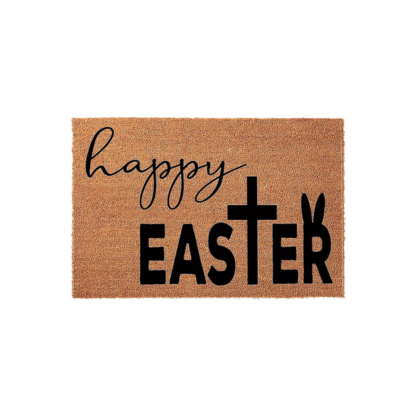 Happy Easter coir doormat featuring a natural tan fiber texture with black lettering that incorporates a cross and bunny ears into the design, creating a festive spring entryway decor piece for your home front porch or door.