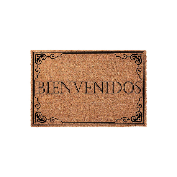Bienvenidos coir doormat featuring a natural brown coconut fiber texture and a decorative black border with elegant scrollwork, centered on a plain white background to highlight the welcoming Spanish text for a front porch