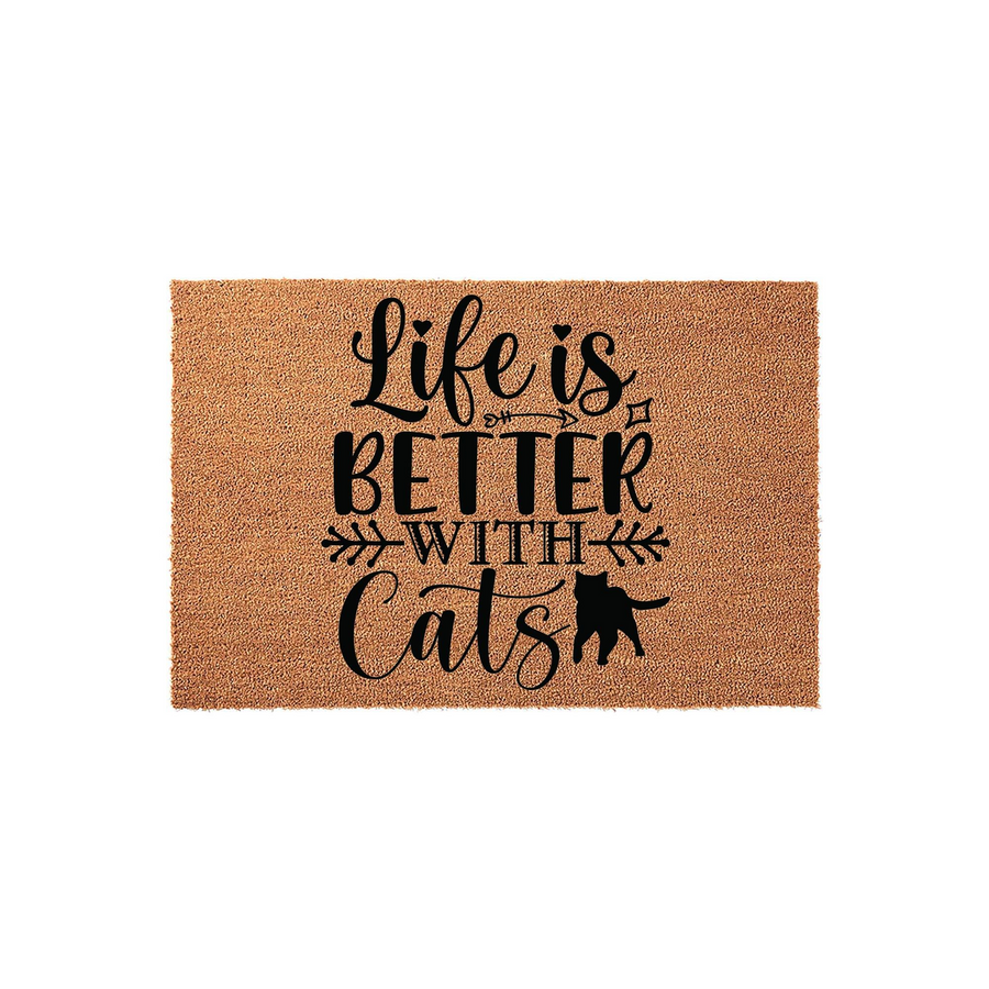 Life is Better With Cats coir doormat featuring a natural brown fiber texture and bold black text that reads Life is Better With Cats, accented by a small silhouette of a cat and decorative arrows on a clean white studio