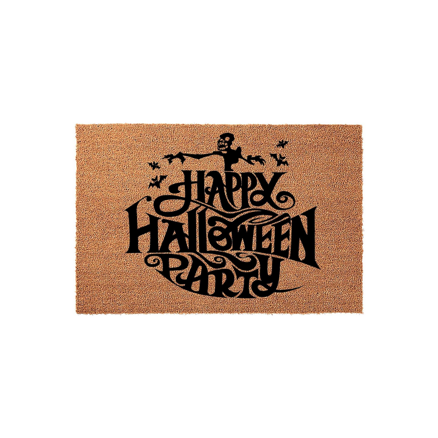Happy Halloween Party coir doormat featuring a spooky skeleton silhouette and flying bats printed in black ink on a natural brown fiber mat, creating a festive and welcoming entrance for your home during the autumn holiday season.
