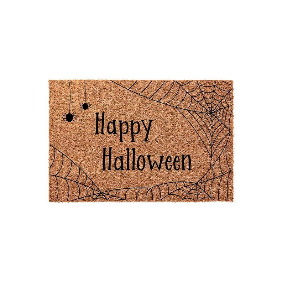 Happy Halloween coir doormat featuring a natural brown fiber texture with black printed spider web designs in the corners and two small hanging spiders, creating a festive and spooky entryway decor piece for the fall holiday