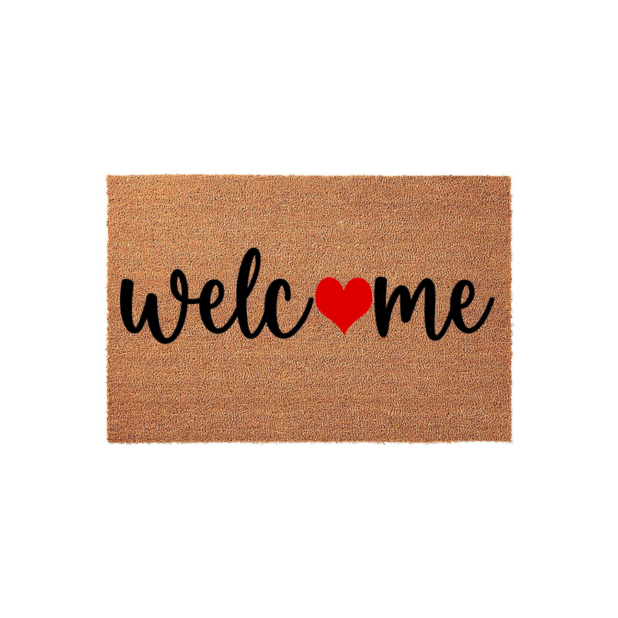 Heart Welcome Doormat made of natural coir fiber, featuring the word welcome in elegant black script with a vibrant red heart replacing the letter o, set against a clean white background for a classic front porch entryway