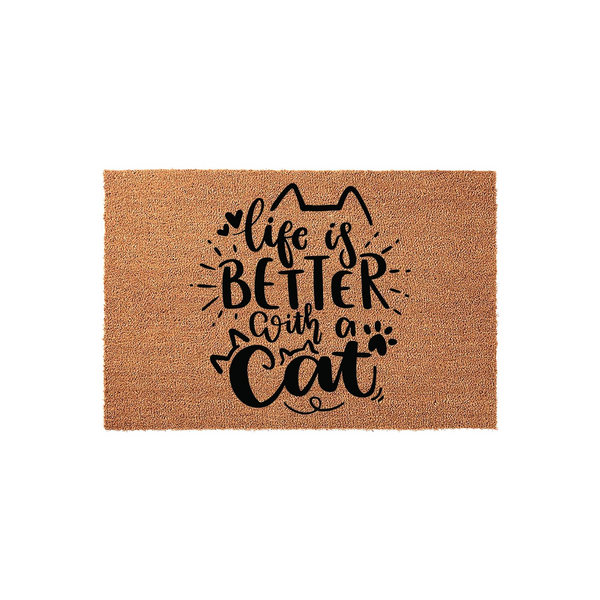 Life is Better with a Cat coir doormat featuring black text and cute feline-themed graphics on a natural brown fiber background, making a charming entrance rug for any cat lover who wants to welcome guests to their home in style.