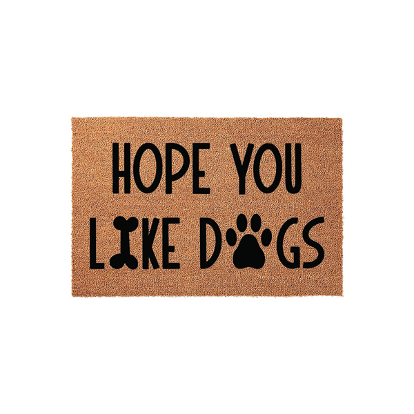 Hope You Like Dogs coir doormat featuring a playful design with a bone-shaped letter O and a paw print replacing the letter O in dogs, set against a natural brown fiber background for a fun and welcoming front porch entrance