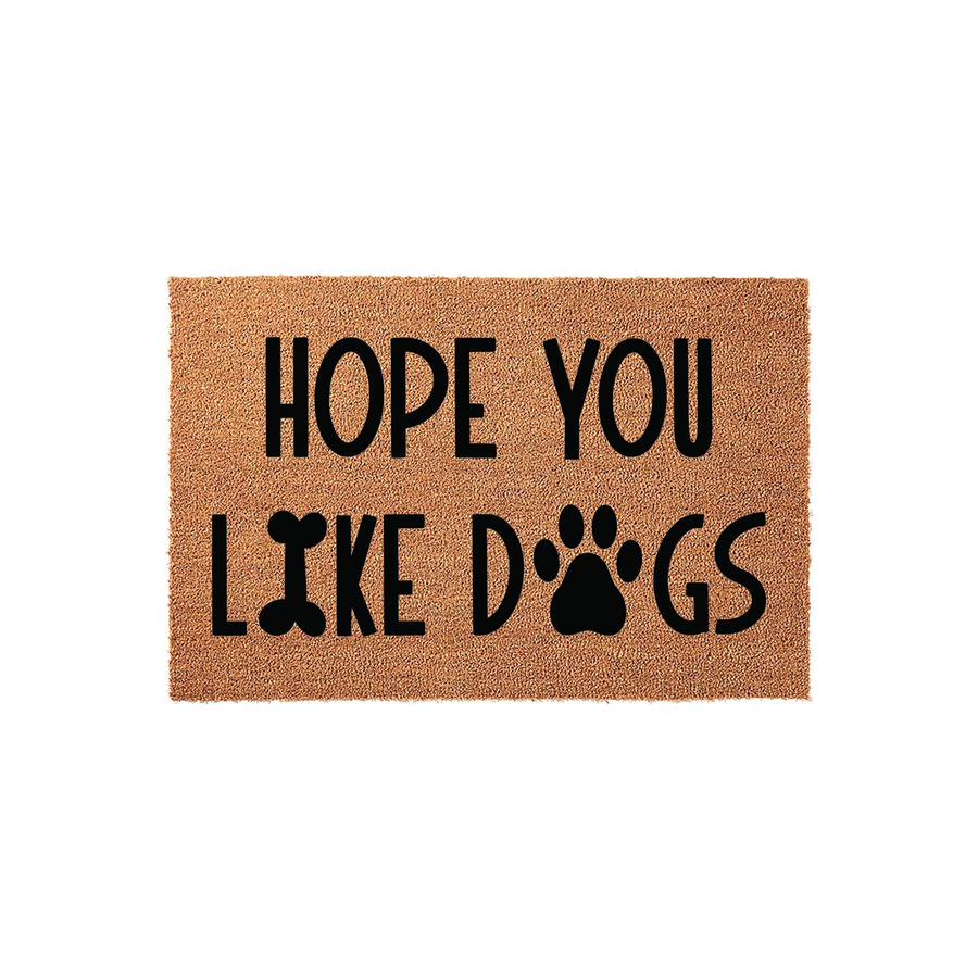 Hope You Like Dogs coir doormat featuring a playful design with a bone-shaped letter O and a paw print replacing the letter O in dogs, set against a natural brown fiber background for a fun and welcoming front porch entrance