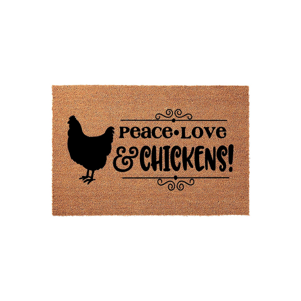 Peace Love and Chickens coir doormat featuring a black silhouette of a hen on the left side and decorative scrollwork accents, providing a rustic farmhouse welcome for any front porch or entryway with its natural fiber texture.