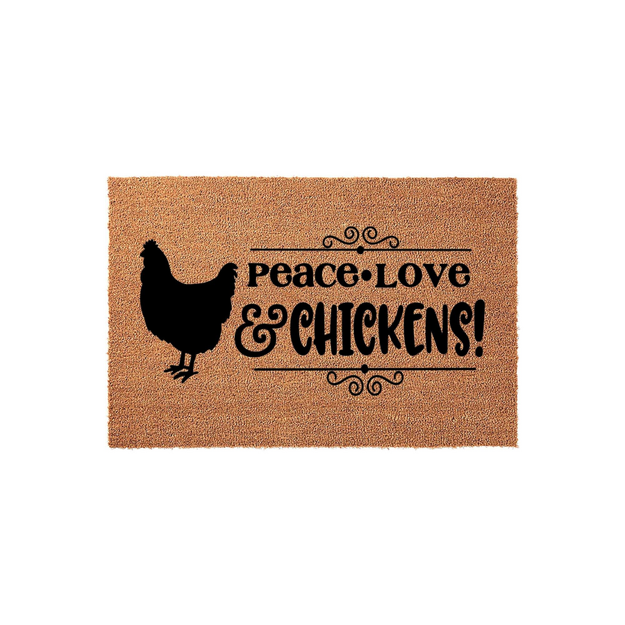 Peace Love and Chickens coir doormat featuring a black silhouette of a hen on the left side and decorative scrollwork accents, providing a rustic farmhouse welcome for any front porch or entryway with its natural fiber texture.