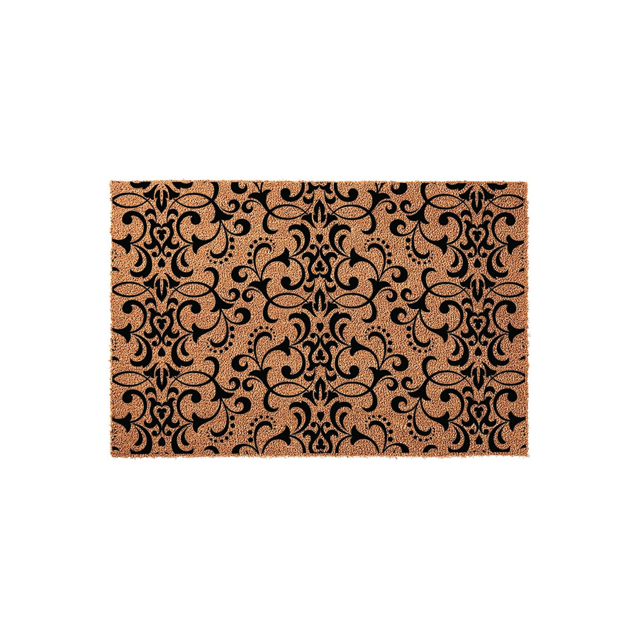 Damask Pattern Coir Doormat featuring a natural tan fiber background with a bold, black intricate scrollwork design that adds a sophisticated and elegant touch to any front porch entryway or home decor style.