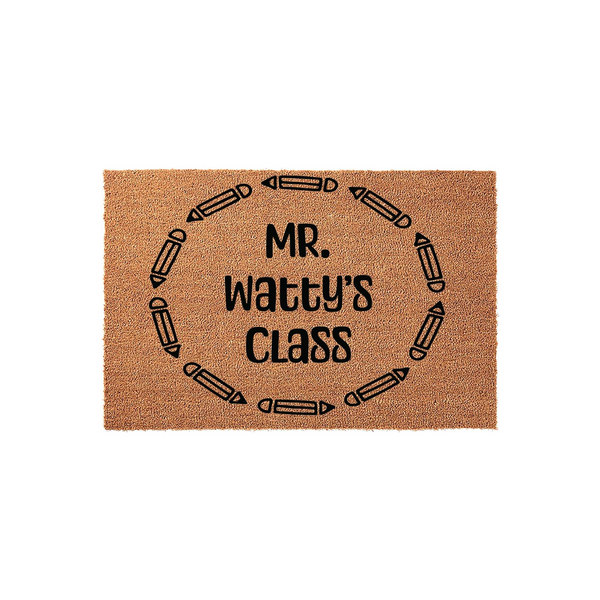 Personalized Teacher Classroom Doormat featuring a natural coir texture with a circular border of black pencil icons surrounding custom text that reads as a teacher's class name, perfect for a school entrance or classroom door