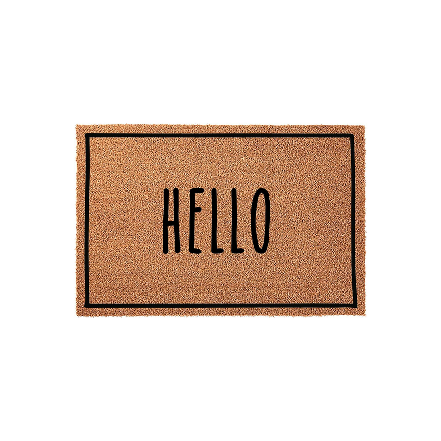Hello coir doormat featuring a natural tan fiber texture with a simple black border and the word Hello printed in a clean, modern sans-serif font, displayed against a plain white background for a minimalist front porch entryway