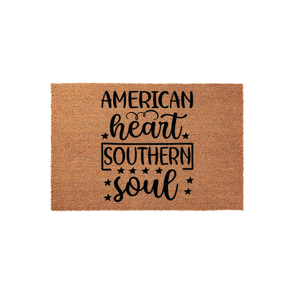 American Heart Southern Soul coir doormat featuring a natural brown fiber texture and bold black typography, creating a rustic and welcoming entryway accent for your home that celebrates a patriotic and southern lifestyle