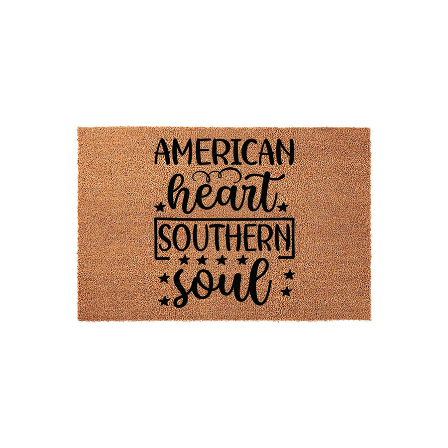 American Heart Southern Soul coir doormat featuring a natural brown fiber texture and bold black typography, creating a rustic and welcoming entryway accent for your home that celebrates a patriotic and southern lifestyle