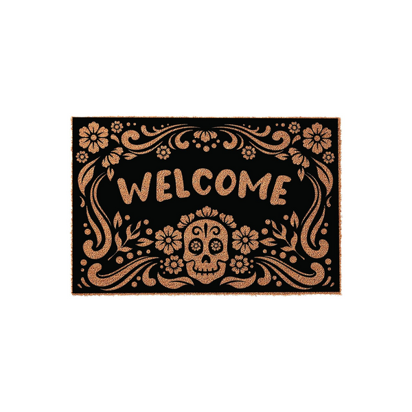 Sugar Skull Welcome Doormat featuring a black background with a copper-colored floral design and a central skull motif, creating a festive Day of the Dead aesthetic for your front porch entry decor on a plain white studio