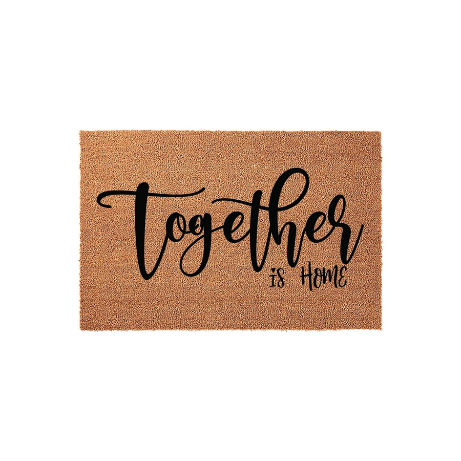 Together Is Home coir doormat featuring a natural brown fiber texture and bold black script lettering, providing a welcoming and rustic aesthetic for your front porch entryway decor that celebrates the feeling of being with