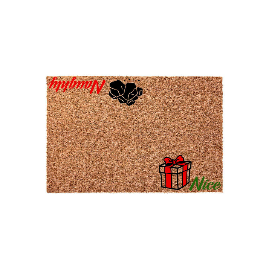 Naughty or Nice Christmas doormat featuring a pile of black coal with the word Naughty in red script, and a red gift box with a bow next to the word Nice in green script, all printed on a natural tan coir fiber outdoor welcome