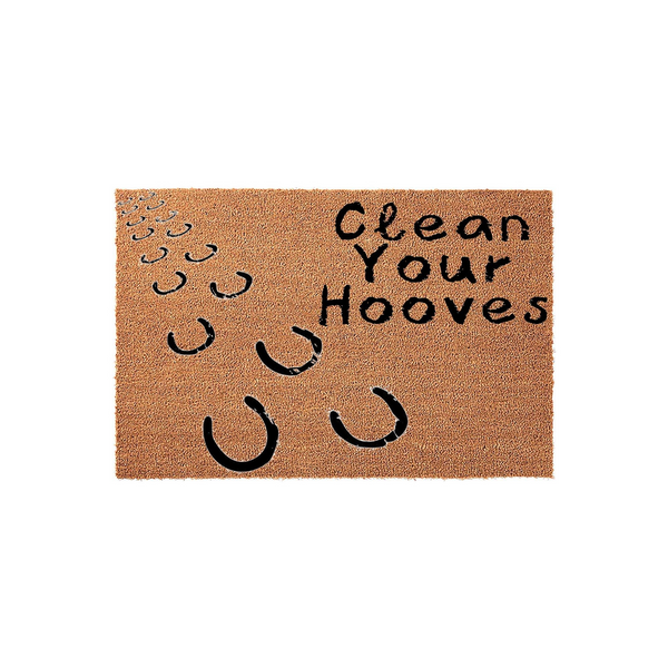 Clean Your Hooves horse themed doormat featuring a natural coir texture with black printed horseshoe prints leading across the surface, creating a fun and rustic entryway accent for any horse lover or equestrian home decor
