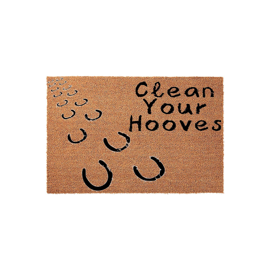 Clean Your Hooves horse themed doormat featuring a natural coir texture with black printed horseshoe prints leading across the surface, creating a fun and rustic entryway accent for any horse lover or equestrian home decor