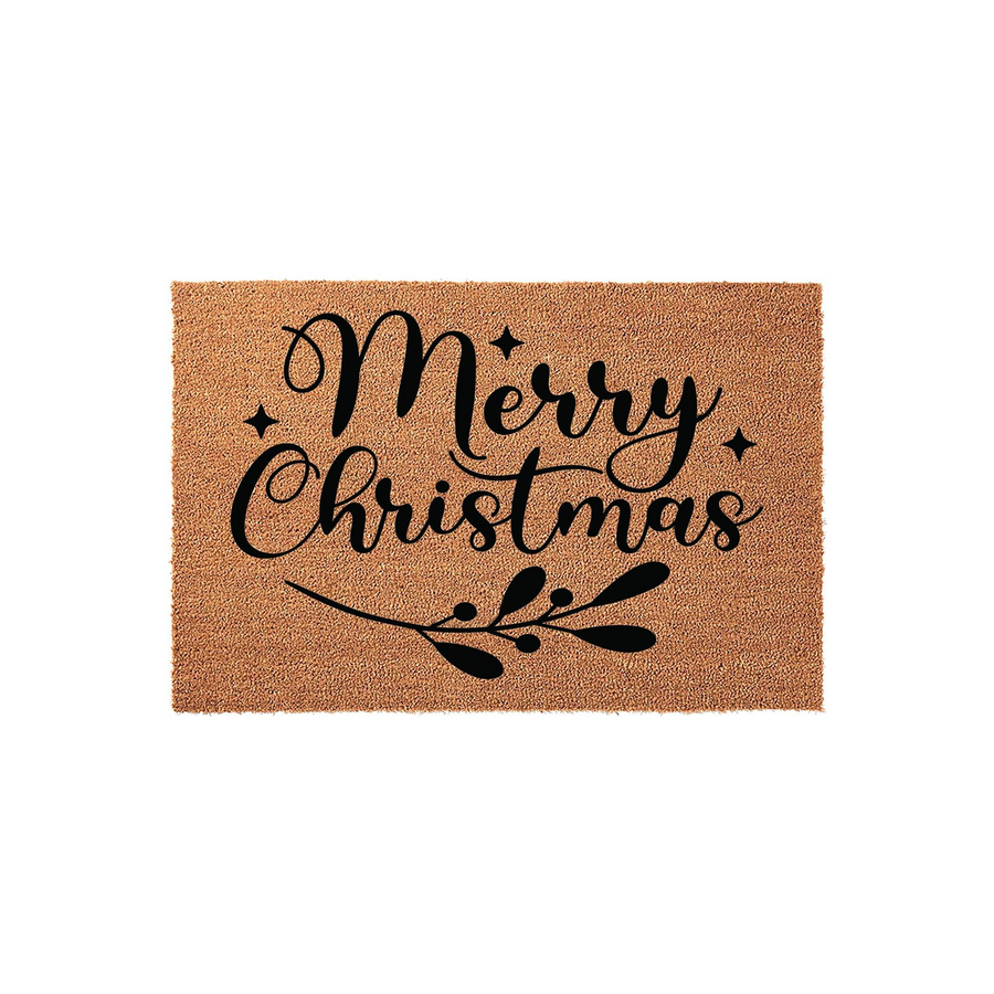 Merry Christmas coir doormat featuring elegant black script lettering and a decorative mistletoe sprig, set against a natural tan fiber background to provide a festive and welcoming touch to your front porch entryway decor.