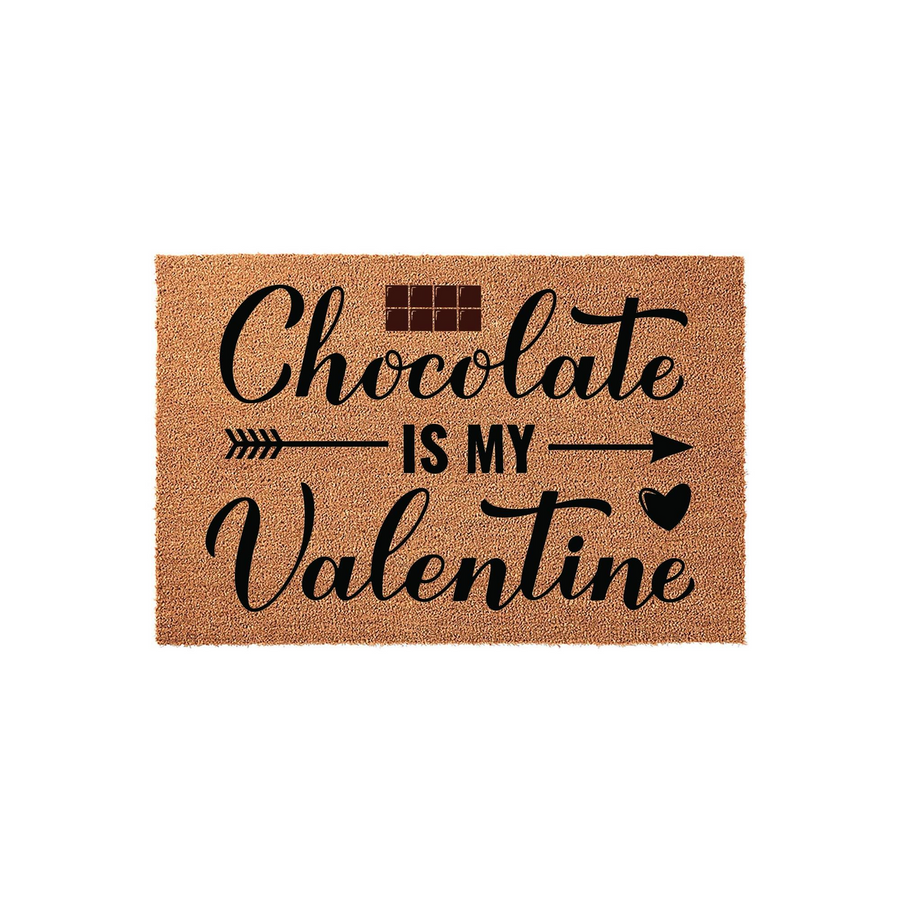 Chocolate Is My Valentine coir doormat featuring a natural brown fiber texture with black typography and a small chocolate bar graphic, making it a fun and festive front porch decor piece for the Valentine's Day holiday season.