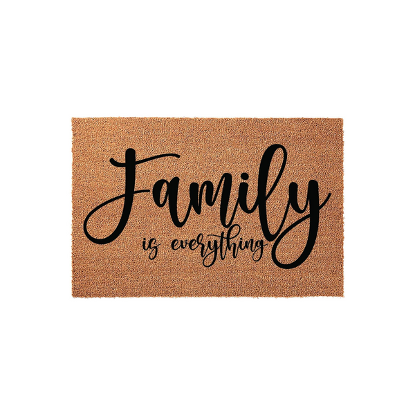 Family is Everything coir doormat featuring a natural brown textured surface with bold black script lettering that reads Family is Everything, making it a welcoming addition to any front porch or entryway decor for your home.