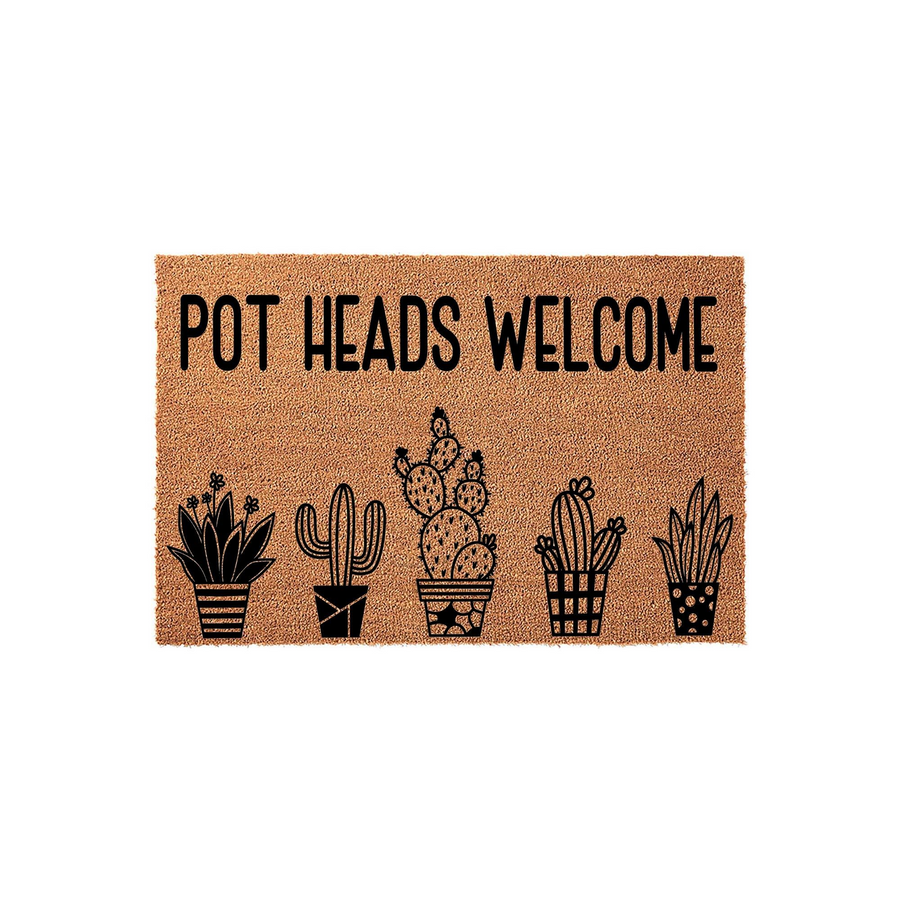 Pot Heads Welcome coir doormat featuring a row of five black illustrated potted cacti and succulents on a natural tan fiber background, creating a fun and humorous entryway decor piece for any plant lover's home front porch or