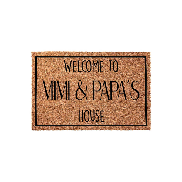 Personalized Mimi and Papa's House doormat featuring a natural coir texture with a black border and bold, modern lettering that welcomes guests to the home of these beloved grandparents on a clean white background.