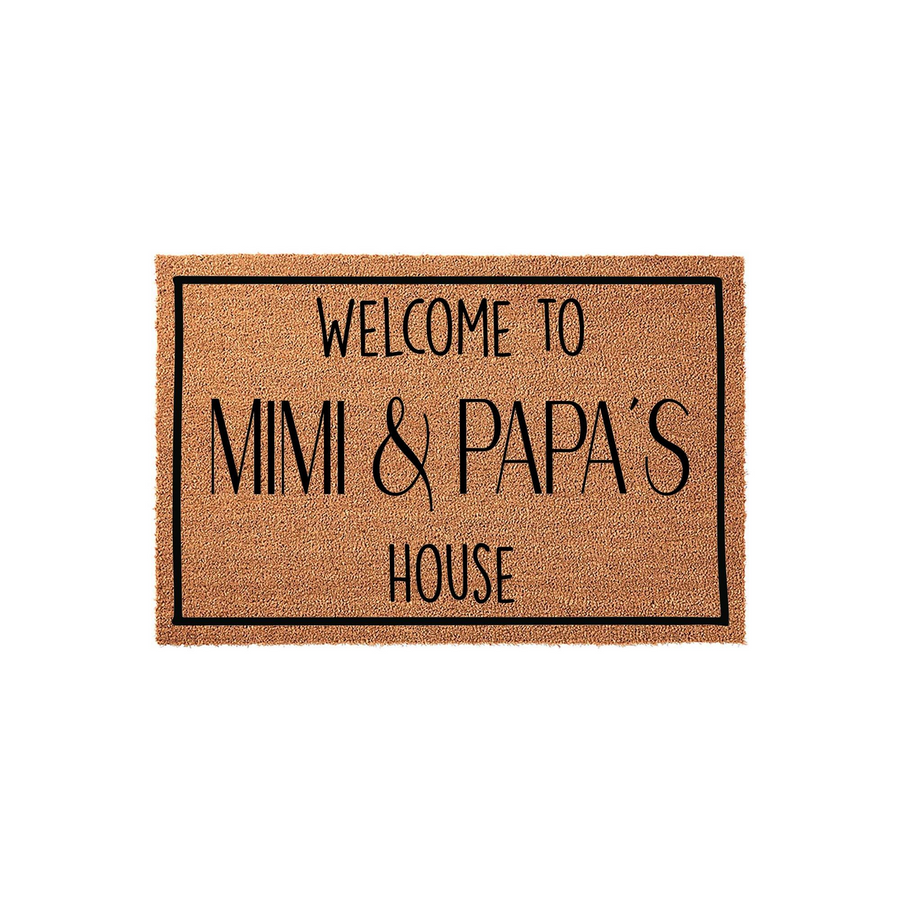 Personalized Mimi and Papa's House doormat featuring a natural coir texture with a black border and bold, modern lettering that welcomes guests to the home of these beloved grandparents on a clean white background.