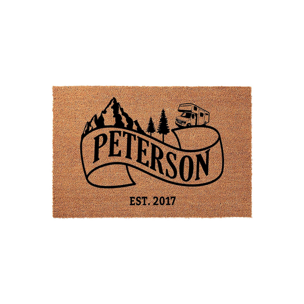 Personalized camping doormat featuring a mountain and RV design on natural coir fiber, showcasing a custom family name on a ribbon banner with an established year below, perfect for outdoor entryways and RV enthusiasts seeking