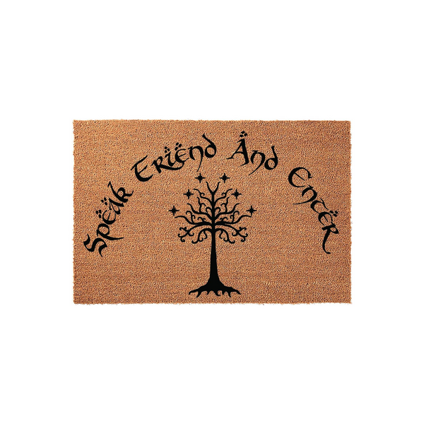 Fantasy themed coir doormat featuring the iconic tree of Gondor design in black ink, with the text Speak Friend And Enter arched above the tree on a natural tan fiber background, perfect for any fan of epic literature and home