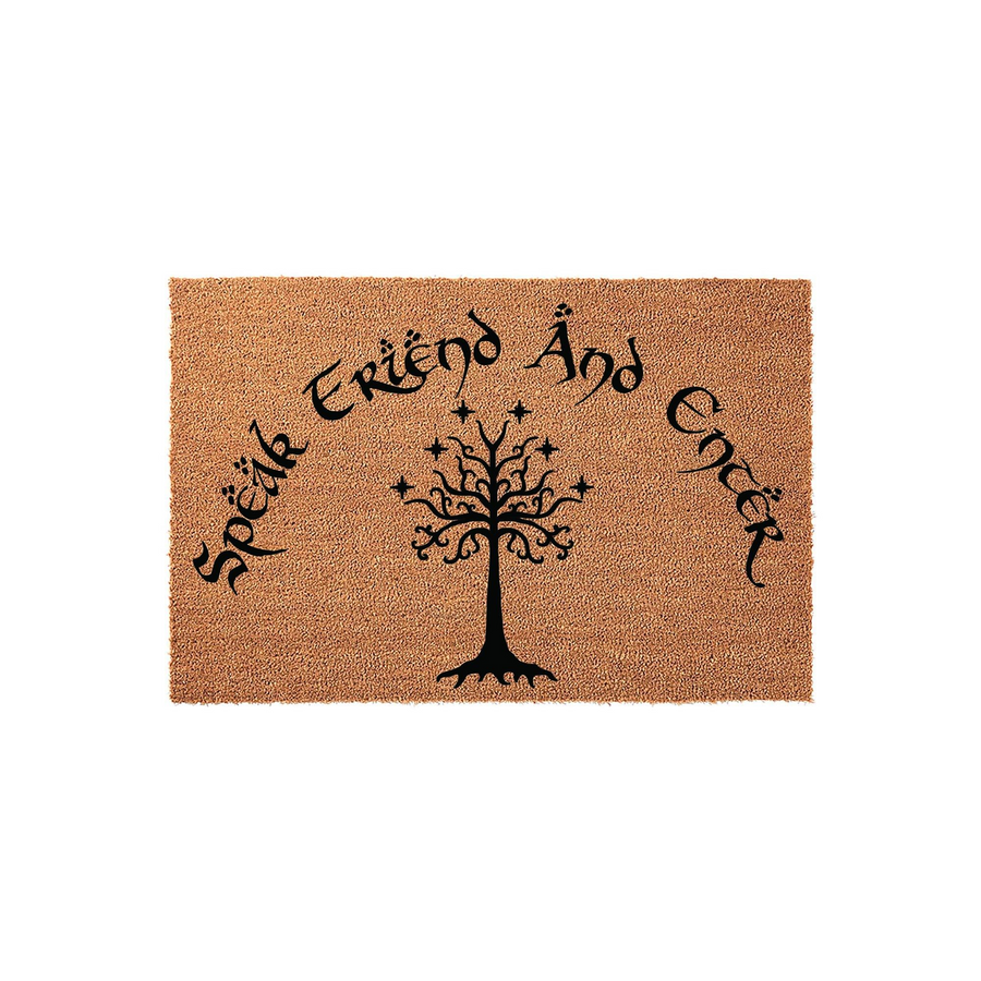 Fantasy themed coir doormat featuring the iconic tree of Gondor design in black ink, with the text Speak Friend And Enter arched above the tree on a natural tan fiber background, perfect for any fan of epic literature and home