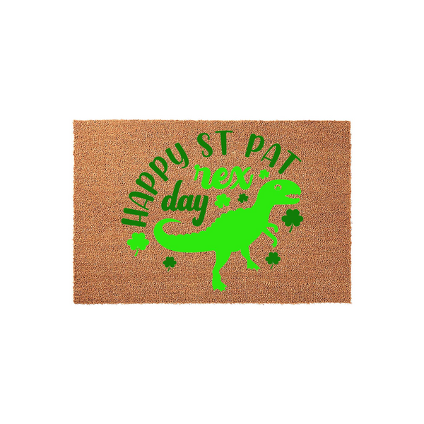 Happy St. Pat-Rex Day doormat featuring a bright green T-Rex dinosaur silhouette surrounded by shamrocks on a natural tan coir fiber background, making a fun and festive outdoor entrance rug for the St. Patrick's Day holiday