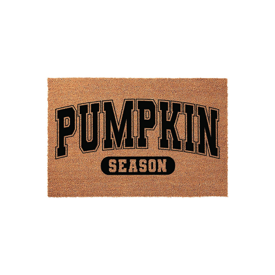 Pumpkin Season coir doormat featuring bold black collegiate-style lettering printed on a natural tan fiber background, creating a festive fall entryway decor piece that welcomes guests to your home during the autumn harvest