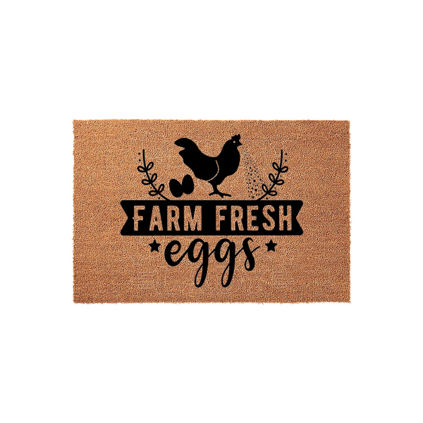 Farm Fresh Eggs coir doormat featuring a rustic black chicken silhouette, decorative sprigs, and bold farmhouse typography on a natural tan fiber background, perfect for a country kitchen or farmhouse porch entryway decor.