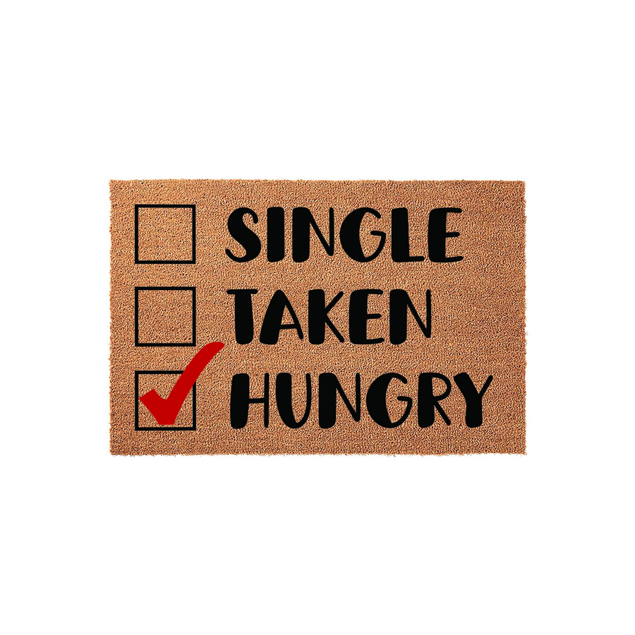 Funny Hungry Checkbox Doormat made of natural coir fiber, featuring a humorous checklist design with the word Hungry selected by a bold red checkmark, perfect for adding a playful and welcoming touch to any front porch or