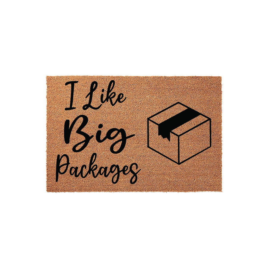 I Like Big Packages funny doormat featuring a natural coir texture and bold black lettering with a graphic of a cardboard shipping box, making it a humorous and welcoming addition to any front porch or entryway decor.