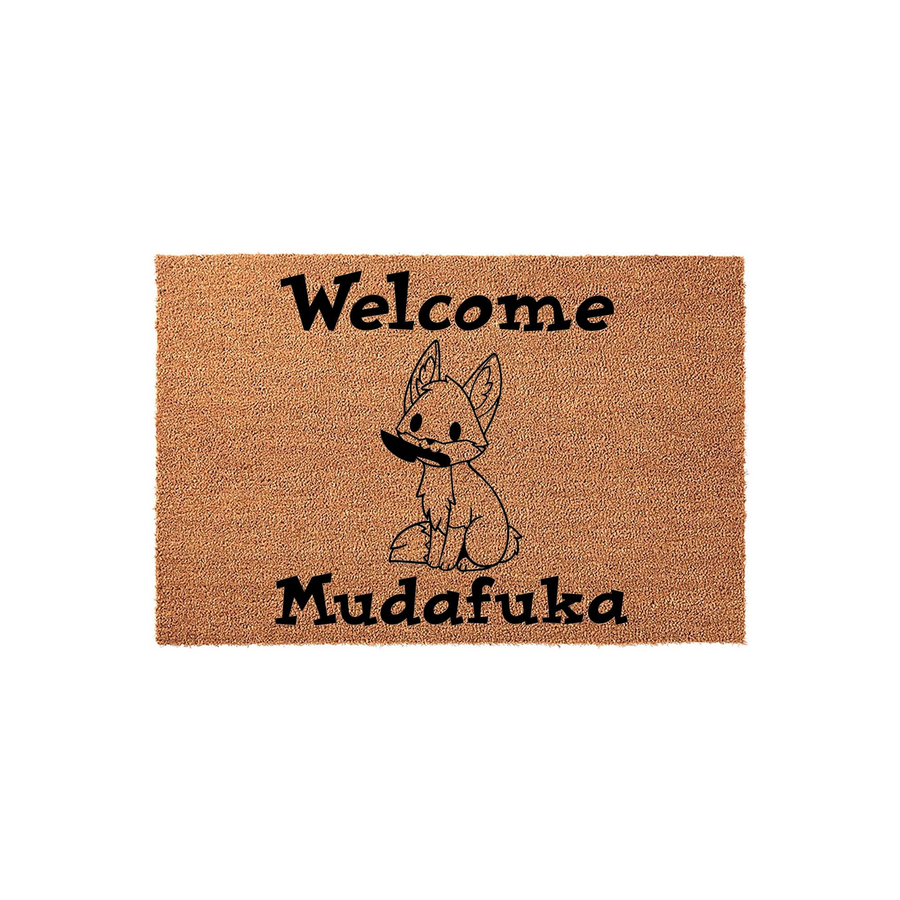 Funny Fox Welcome Doormat featuring a cute illustrated fox holding a knife in its mouth, printed on a natural tan coir fiber mat with bold black text that reads Welcome Mudafuka for a humorous entryway decor statement.