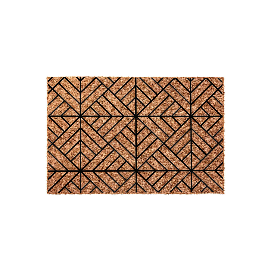 Modern geometric coir doormat featuring a bold black repeating pattern of intersecting lines and triangles on a natural tan fiber background, providing a stylish and durable welcome mat for your front porch or entryway decor.