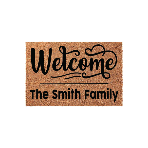 Personalized family name coir doormat featuring a natural brown fiber texture with the word Welcome in elegant black script lettering above the custom family name printed in a clean, modern sans-serif font on a plain white